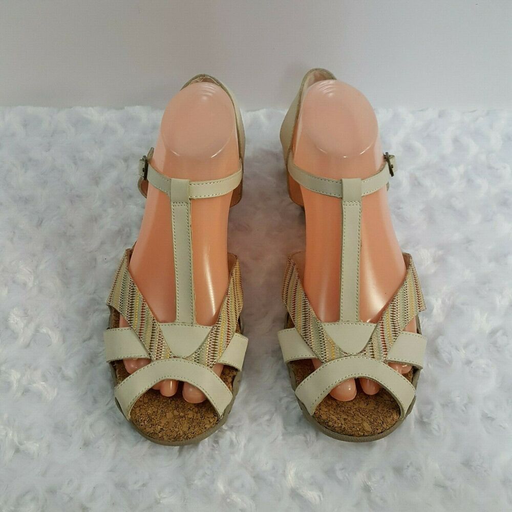 Skechers Womens 10 Sandals T-Strap Beige Striped Strappy Cork Footbed Comfort - Picture 3 of 10